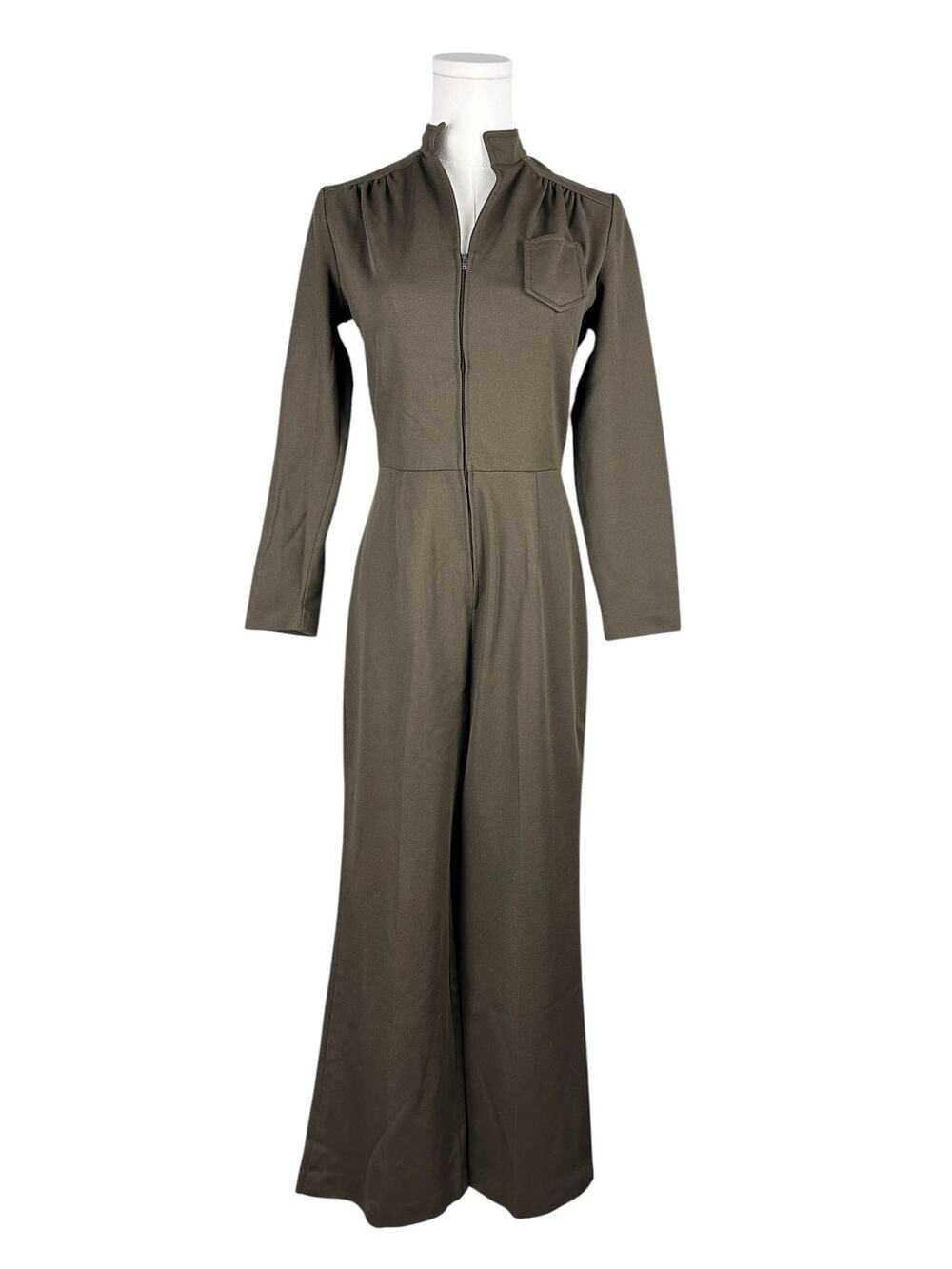Vintage 70s Olive Green Flare Leg Front Zip Leisure Long Sleeve Jumpsuit S